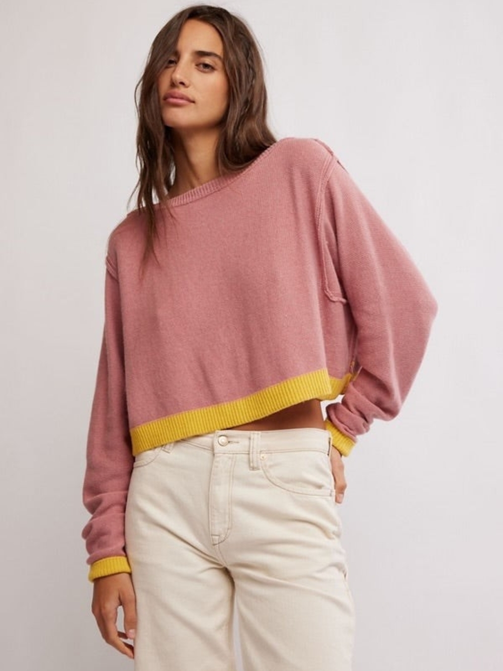 We The Free Dusty Rose Cropped Crewneck Sweater with Yellow Trim
